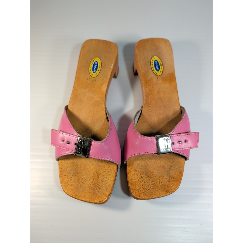 Vintage Dr. Scholl's Y2K Original Wood & Leather Pink Sandals Slides Size 8M